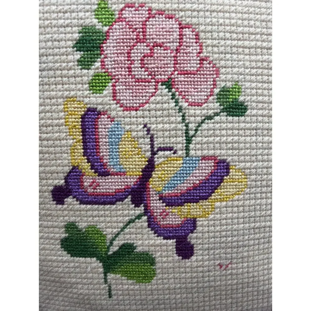 Vintage Needlepoint Pillow Lavender Floral Accent Throw Pillow Handmade 12